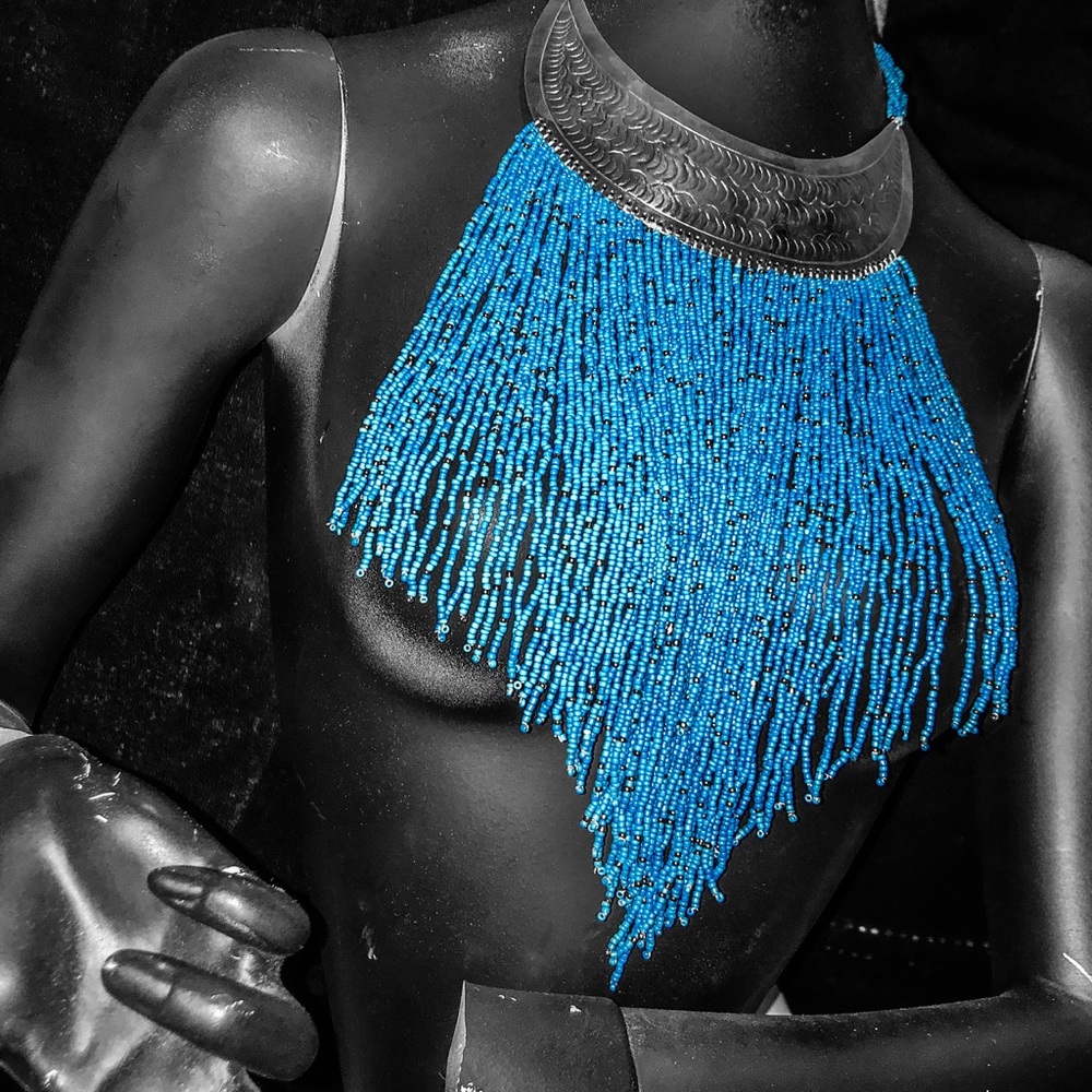 Statement aqua and brass/gold-tone necklace